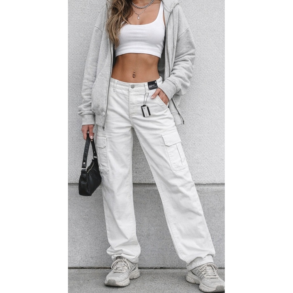 Express Relaxed Straight Cargo Pants Women 0S White Low Rise Button Fly NWT